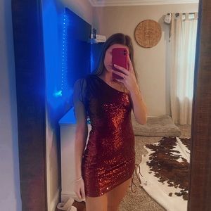 Hoco Dress, Short, Red, Sequined, One shoulder